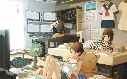 HD desktop wallpaper featuring three anime girls in a cozy bedroom, with one on the bed and two on the floor. The room is filled with various electronic devices, posters, and a school uniform hanging on the wall.