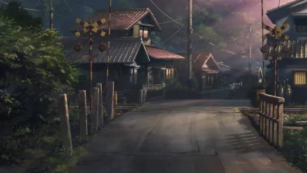 Scenic HD desktop wallpaper from the anime Hoshi o Ou Kodomo (Children Who Chase Lost Voices), featuring a tranquil rural road with traditional houses at dusk.