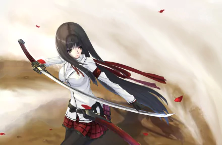 A captivating anime girl wields a katana, set against a flowing background with petals, creating a dynamic and striking HD desktop wallpaper.
