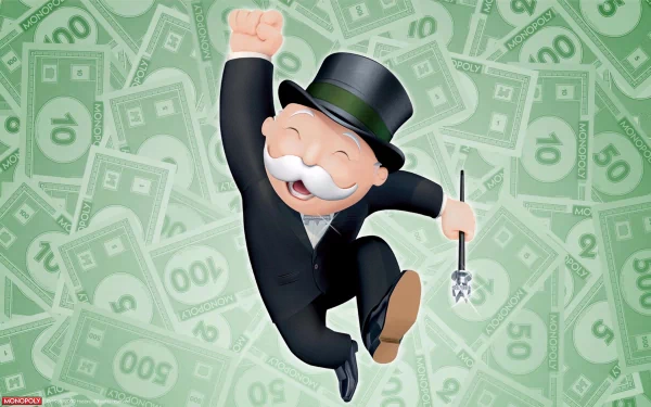 HD desktop wallpaper featuring the classic Monopoly mascot, Rich Uncle Pennybags, joyfully jumping against a background of stylized monopoly money.