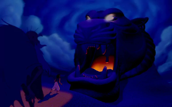 HD wallpaper from Aladdin (1992) featuring the Cave of Wonders and Aladdin's silhouette against a moody blue background.
