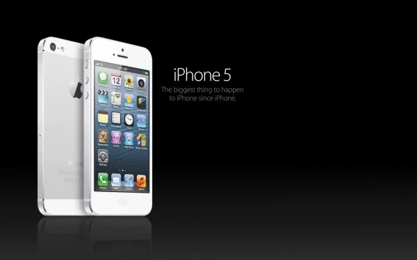 HD desktop wallpaper featuring the Apple Inc. iPhone 5 with a tagline, showcasing the device’s design and technology on a sleek black background.