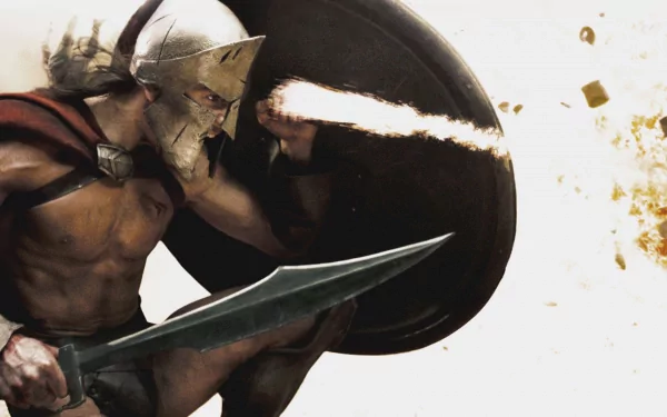 HD PC desktop wallpaper featuring a striking scene from the movie 300, showcasing a Spartan warrior in armor wielding a sword and shield amidst battle action.