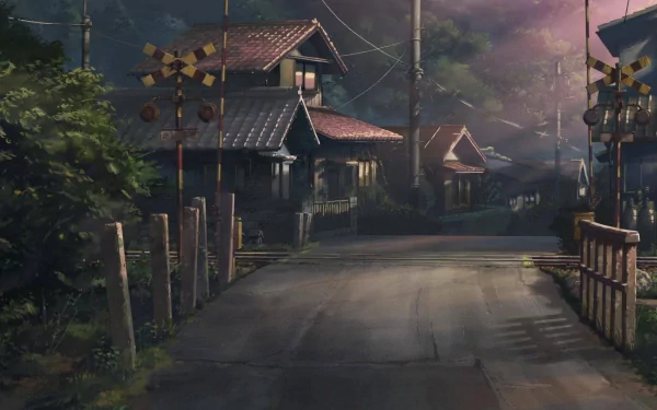 Scenic HD desktop wallpaper from the anime Hoshi o Ou Kodomo (Children Who Chase Lost Voices), featuring a tranquil rural road with traditional houses at dusk.
