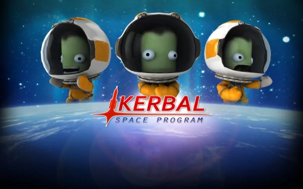 HD wallpaper featuring three Kerbal characters from Kerbal Space Program against a space backdrop.