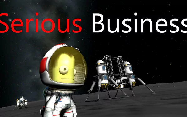 HD desktop wallpaper and background from Kerbal Space Program featuring an astronaut and a lunar lander with the text Serious Business.