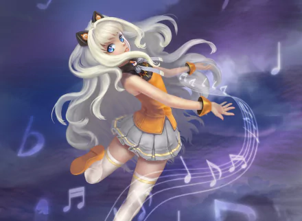 HD anime-style desktop wallpaper featuring SeeU from Vocaloid, with flowing silver hair and musical notes swirling around her against a purple, cloudy background.