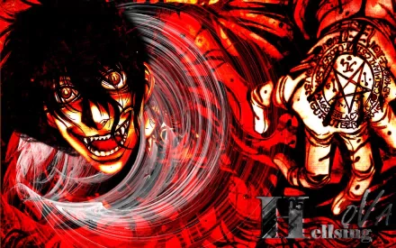 A vibrant, HD anime wallpaper featuring intense red colors and a dramatic depiction of blood, inspired by Hellsing, showcasing a fierce character with a sinister expression.