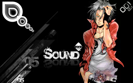 2K Quad HD anime desktop wallpaper from Katekyo Hitman Reborn!: silver-haired young man in an open red jacket and fingerless glove posed against a black SOUND graphic.