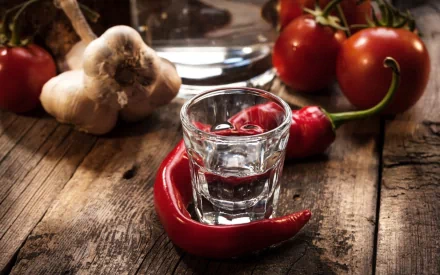 HD PC desktop wallpaper featuring a shot glass of clear drink surrounded by red chili peppers, garlic bulbs, and ripe tomatoes on a rustic wooden surface.