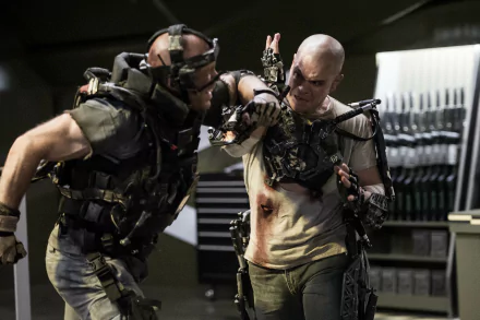 HD desktop wallpaper of a scene from Elysium featuring two characters in futuristic combat gear.