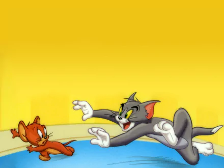 HD desktop wallpaper and background featuring a vibrant scene from the TV show Tom and Jerry with Tom chasing Jerry against a yellow backdrop.