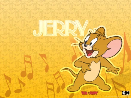 HD desktop wallpaper featuring Jerry from Tom and Jerry, happily dancing on a musical note-themed golden background with 'Jerry' written prominently above him.
