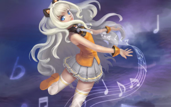 HD anime-style desktop wallpaper featuring SeeU from Vocaloid, with flowing silver hair and musical notes swirling around her against a purple, cloudy background.