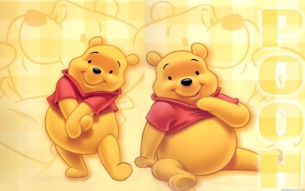 HD desktop wallpaper featuring two smiling Winnie the Pooh characters against a patterned background.