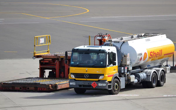 A Mercedes-Benz Shell VIP jet tanker vehicle parked on the tarmac at an airport, captured in high-definition as a desktop wallpaper background.