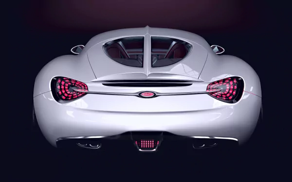 HD desktop wallpaper showcasing the rear view of a sleek white Bugatti Gangloff vehicle against a dark background.