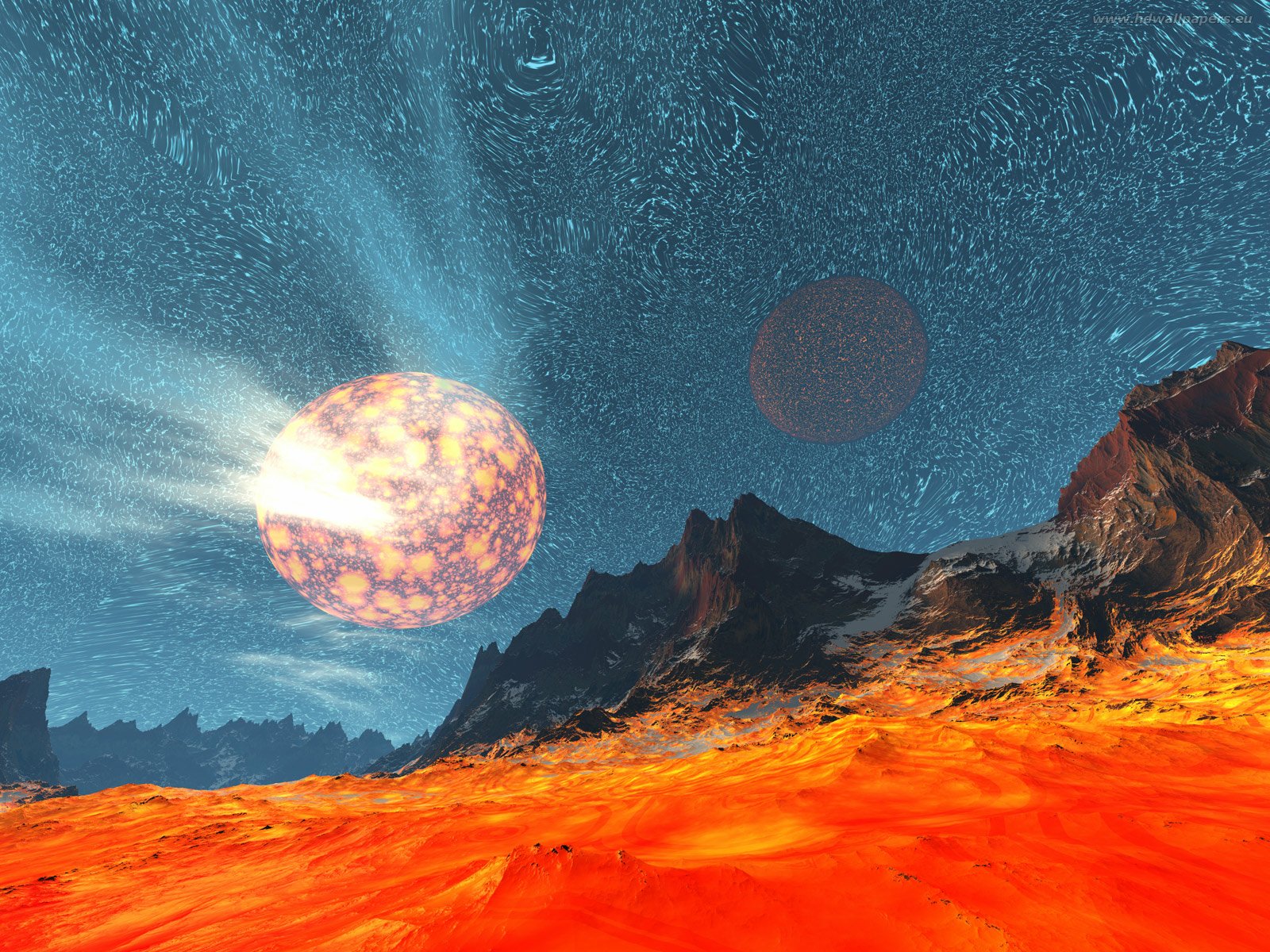 Sci-fi landscape HD PC desktop wallpaper background: molten lava plains, jagged mountains, glowing planets and a swirling starfield.