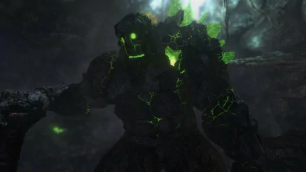 A stunning HD wallpaper featuring a powerful golem, intricately detailed with glowing green fissures, set against a dark, fantastical background that enhances its imposing presence.