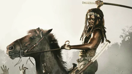 HD wallpaper featuring Michonne, portrayed by Danai Gurira, from The Walking Dead TV show. She is riding a horse, wielding her signature katana, set against a muted background.