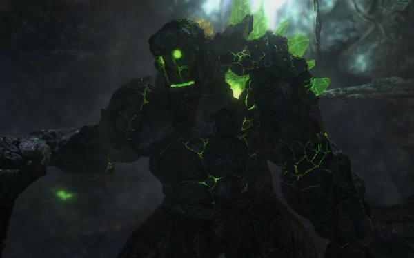 A stunning HD wallpaper featuring a powerful golem, intricately detailed with glowing green fissures, set against a dark, fantastical background that enhances its imposing presence.
