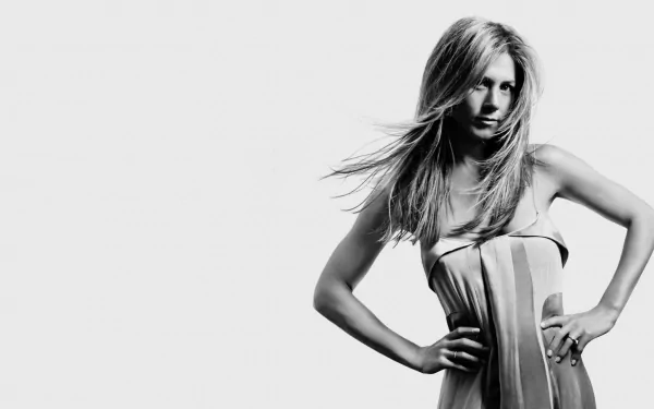 Black and white HD desktop wallpaper featuring celebrity Jennifer Aniston with flowing hair and hands on hips against a plain background.