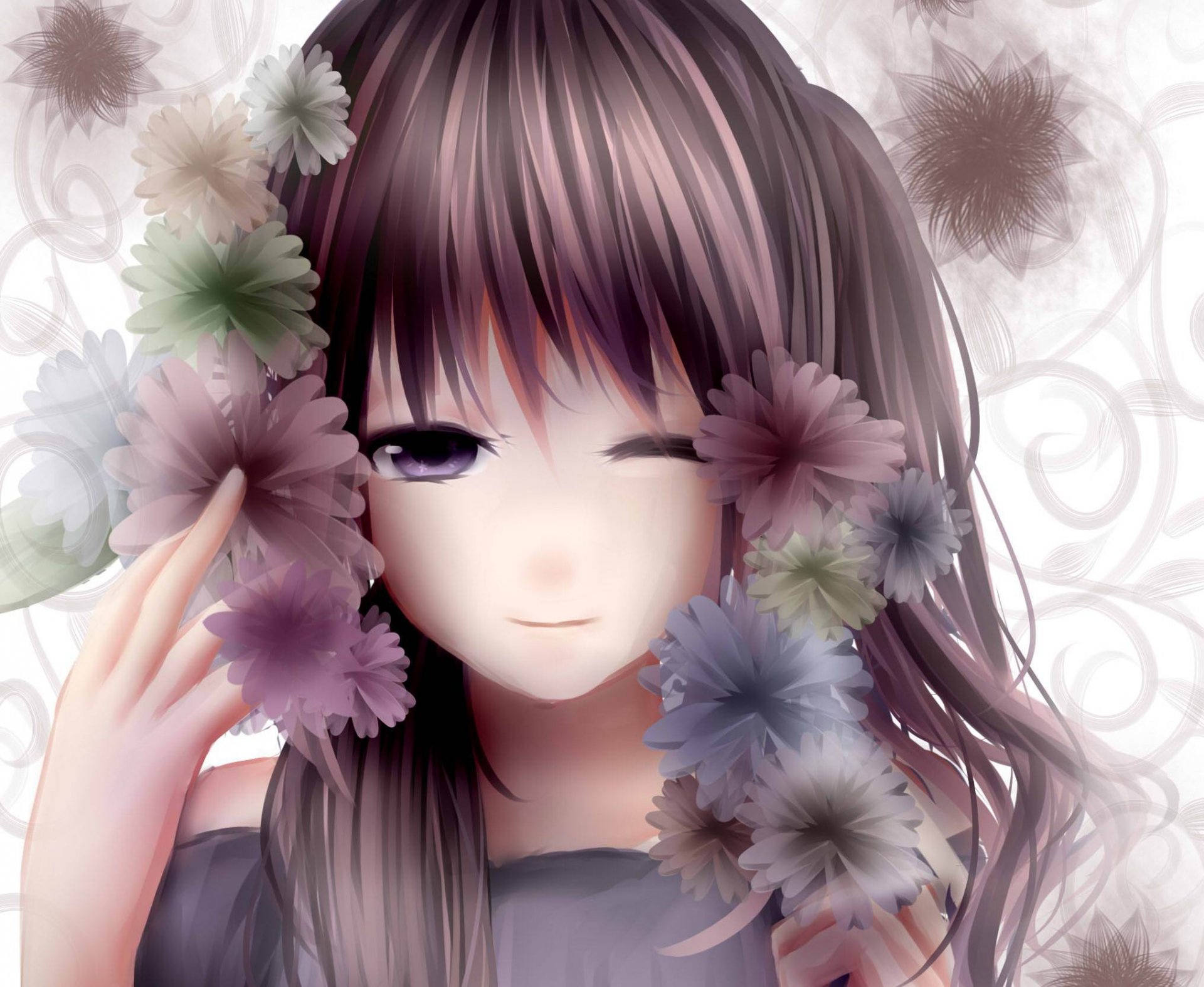 A charming anime character with long hair adorned with colorful flowers, softly smiling and winking. This HD image serves as an engaging original desktop wallpaper or background.
