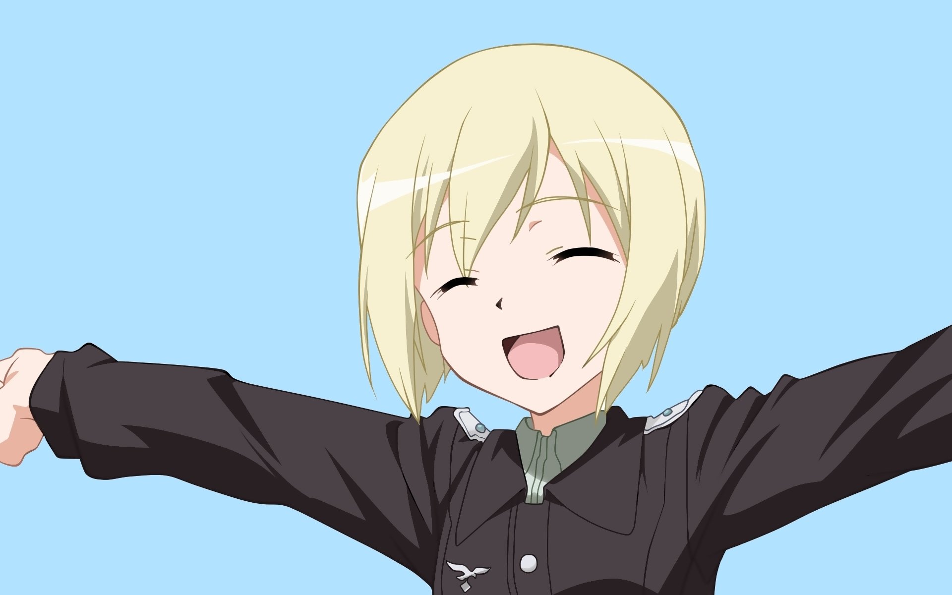 Anime-style HD desktop wallpaper featuring a cheerful blonde character from Strike Witches against a clear blue sky background.