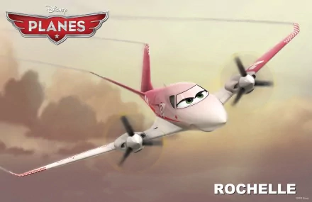 HD wallpaper of Rochelle from Disney's Planes, with a logo and clouds in the background.