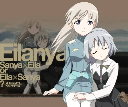 Anime HD desktop wallpaper featuring characters Eila and Sanya from Strike Witches in a soft, emotional pose with muted background and bold text elements.