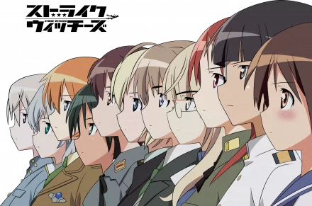 Anime Strike Witches ensemble in side-profile lineup wearing military uniforms, vivid colors; 2K Quad HD PC desktop wallpaper and background.