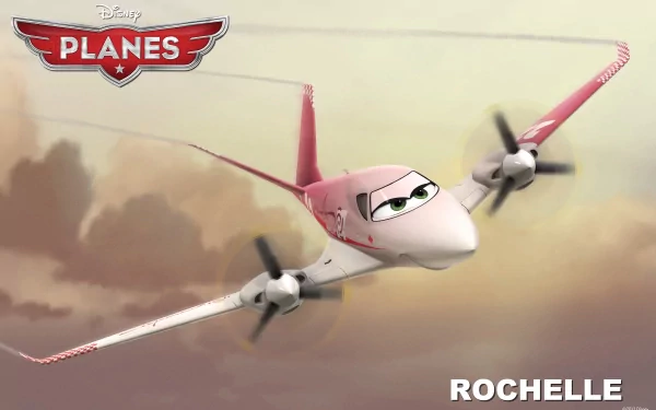 HD wallpaper of Rochelle from Disney's Planes, with a logo and clouds in the background.