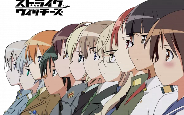 Anime Strike Witches ensemble in side-profile lineup wearing military uniforms, vivid colors; 2K Quad HD PC desktop wallpaper and background.