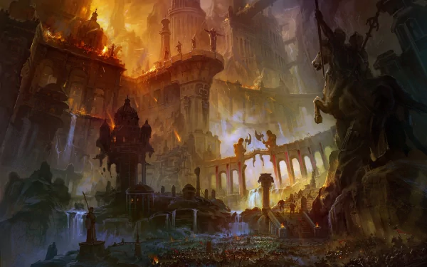 HD desktop wallpaper featuring a dramatic fantasy battle scene with flames consuming ancient, majestic buildings and statues, evoking an atmosphere of chaos and grandeur.