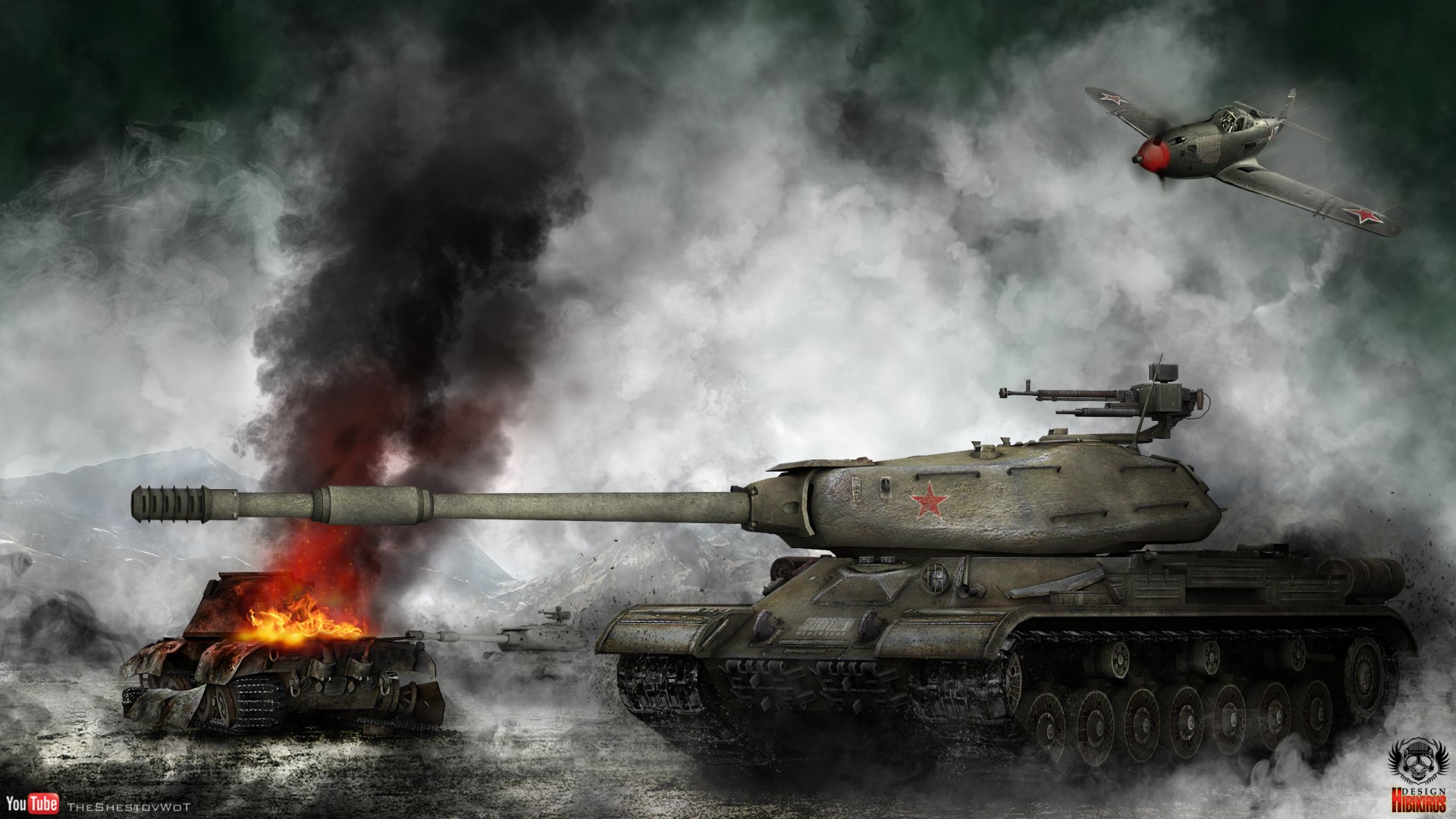 A dramatic HD wallpaper featuring a tank from World of Tanks amidst a smoky battlefield, with an aircraft flying overhead and an explosion in the background.