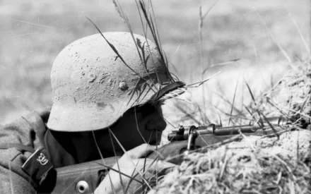 HD desktop wallpaper of a soldier in military gear aiming a rifle while camouflaged in tall grass in a black and white scene.