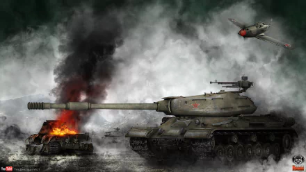 A dramatic HD wallpaper featuring a tank from World of Tanks amidst a smoky battlefield, with an aircraft flying overhead and an explosion in the background.