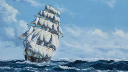 HD wallpaper of an artistic painting depicting a ship braving the waves in the ocean, capturing the essence of adventure at sea.
