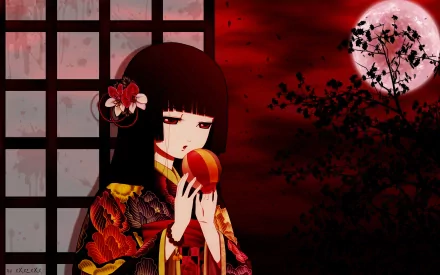 A stunning HD desktop wallpaper featuring a character from Jigoku Shōjo, holding a traditional object against a striking red and moonlit backdrop.