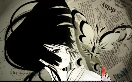 Anime-inspired HD wallpaper featuring a character from Jigoku Shōjo, surrounded by newspaper clippings and a delicate butterfly motif, capturing a blend of intrigue and elegance.