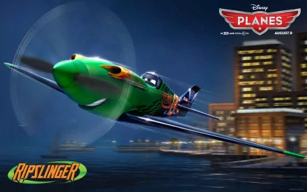 HD desktop wallpaper featuring Ripslinger, the green airplane from Disney's Planes movie, flying over a cityscape at night with motion blur effects.