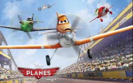 2K Quad HD PC wallpaper of Dusty Crophopper from Planes (movie) leading fellow racing planes over a packed stadium; Planes logo and release date at lower left.