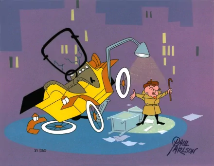 HD desktop wallpaper featuring Mr. Magoo from the TV show, depicting him humorously standing beside his overturned yellow car under a streetlamp in a cityscape.