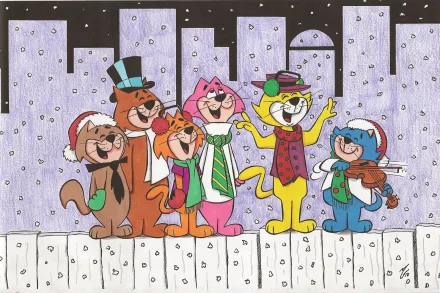HD PC desktop wallpaper featuring Top Cat and friends from the classic TV show, joyfully singing in a snowy cityscape at night.