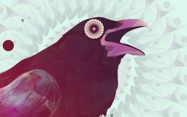 A stylized raven with intricate details, featuring a vibrant color palette, set against a softly patterned background, creating an engaging HD desktop wallpaper.