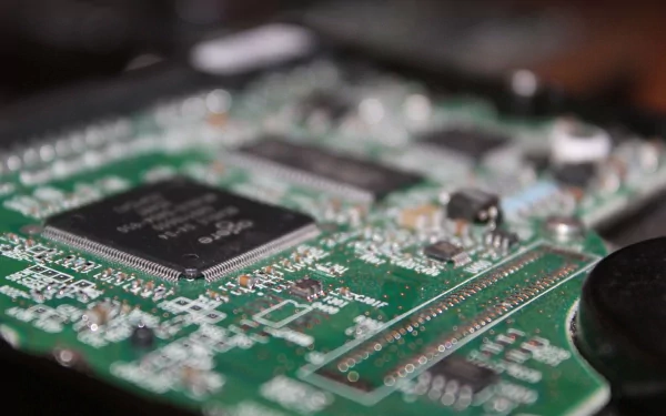 Close-up of a hard disk drive circuit board, serving as a technical-themed HD desktop wallpaper.