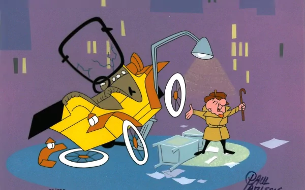 HD desktop wallpaper featuring Mr. Magoo from the TV show, depicting him humorously standing beside his overturned yellow car under a streetlamp in a cityscape.