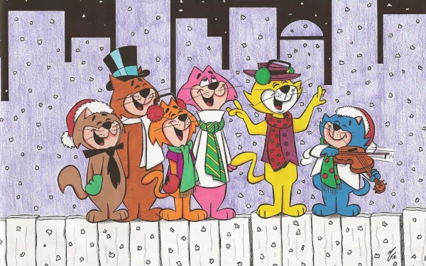 HD PC desktop wallpaper featuring Top Cat and friends from the classic TV show, joyfully singing in a snowy cityscape at night.