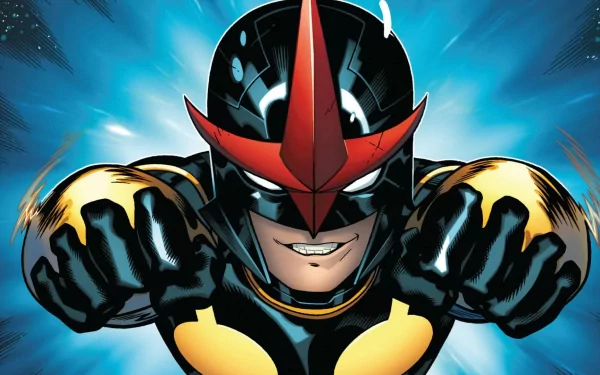 HD PC desktop wallpaper featuring Nova from Marvel Comics in dynamic pose with glowing blue background, showcasing vibrant comic book art style.