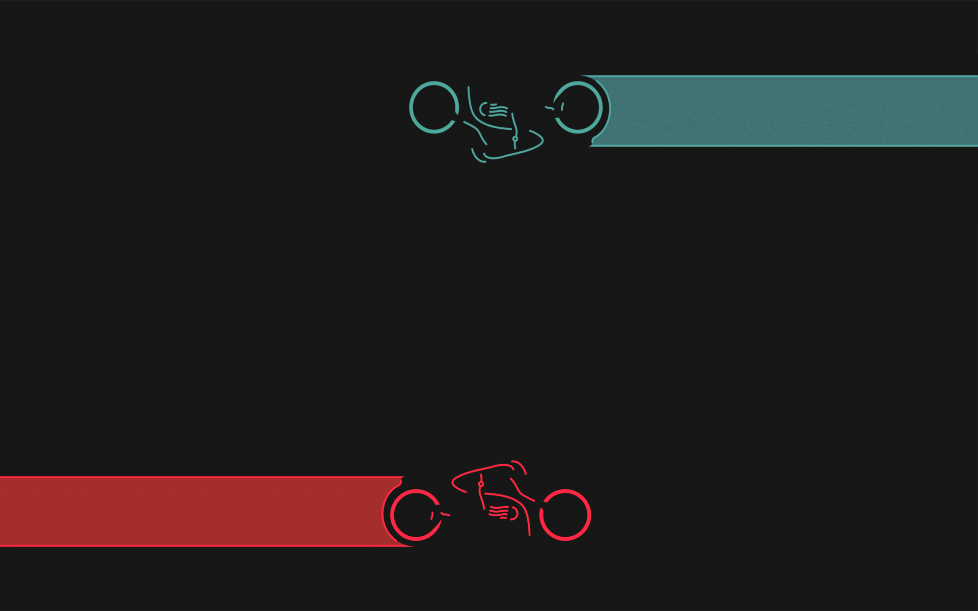 Movie Tron 2K Quad HD PC desktop wallpaper and background: minimalist black field with cyan and red light-cycle silhouettes and matching horizontal light trails.